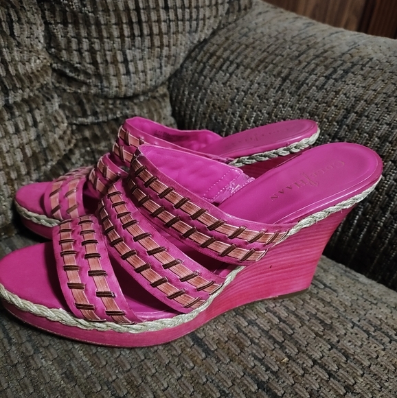 Cole Haan Wedge Sandals Hot Pink Size 9B Raffia Accent Strappy Collab Clean - Picture 1 of 6